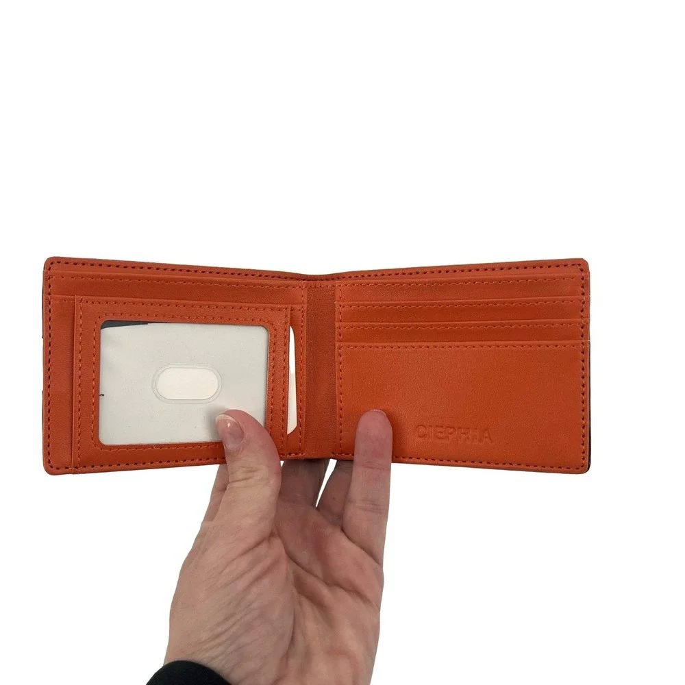 CIEPHIA Mens Bifold Wallet Black Orange Carbon Fiber Look ID Window Slim